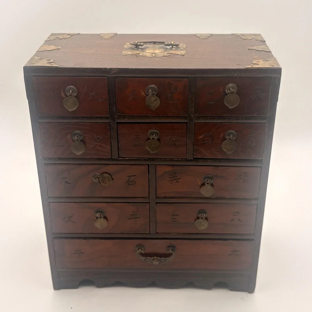 Vintage Chinese Apothecary Cabinet 11 Drawer Herb Chest Wood Brass Storage Box